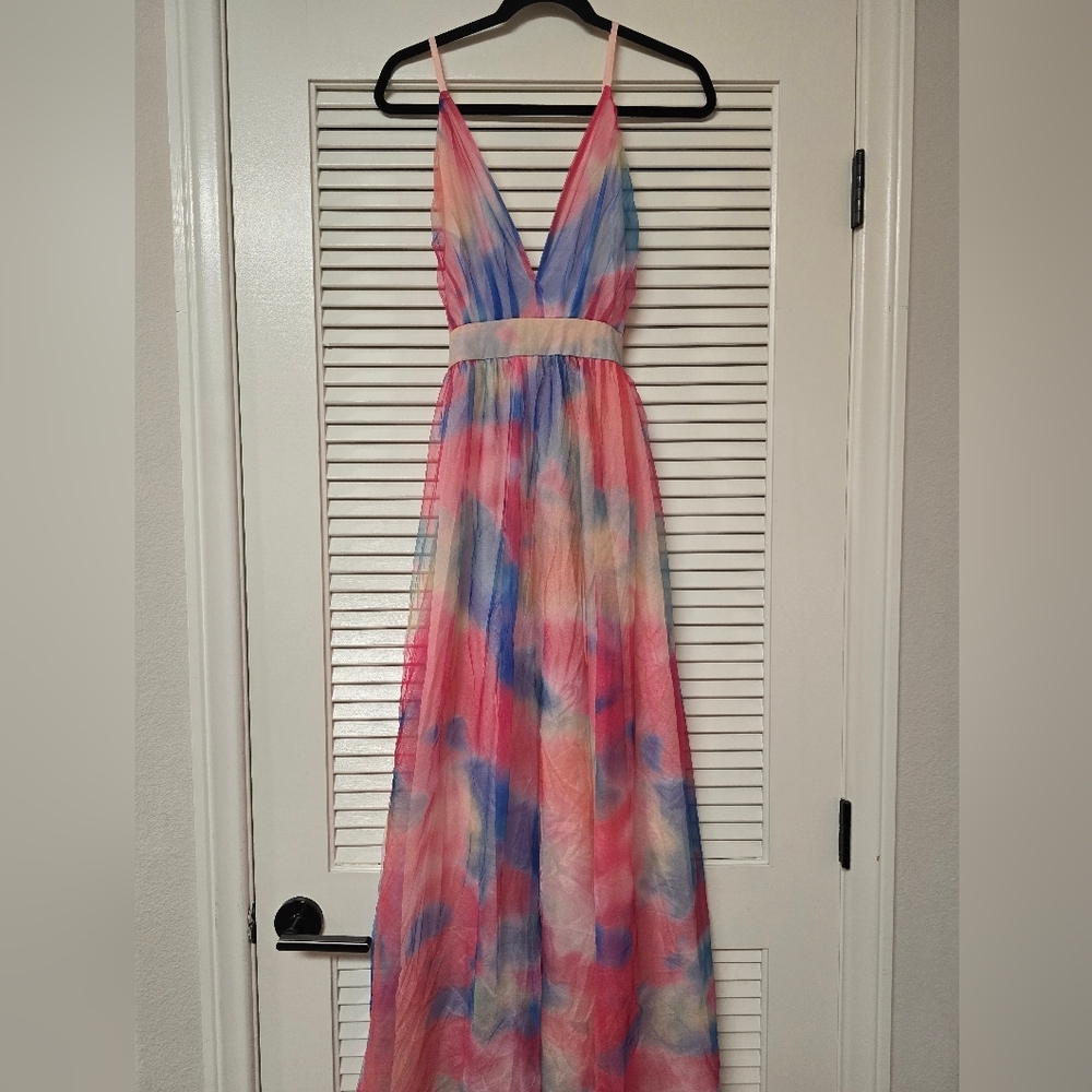 Rainbow Watercolour Tie-Dye V-Neck Sheer Maxi Dress With Lining